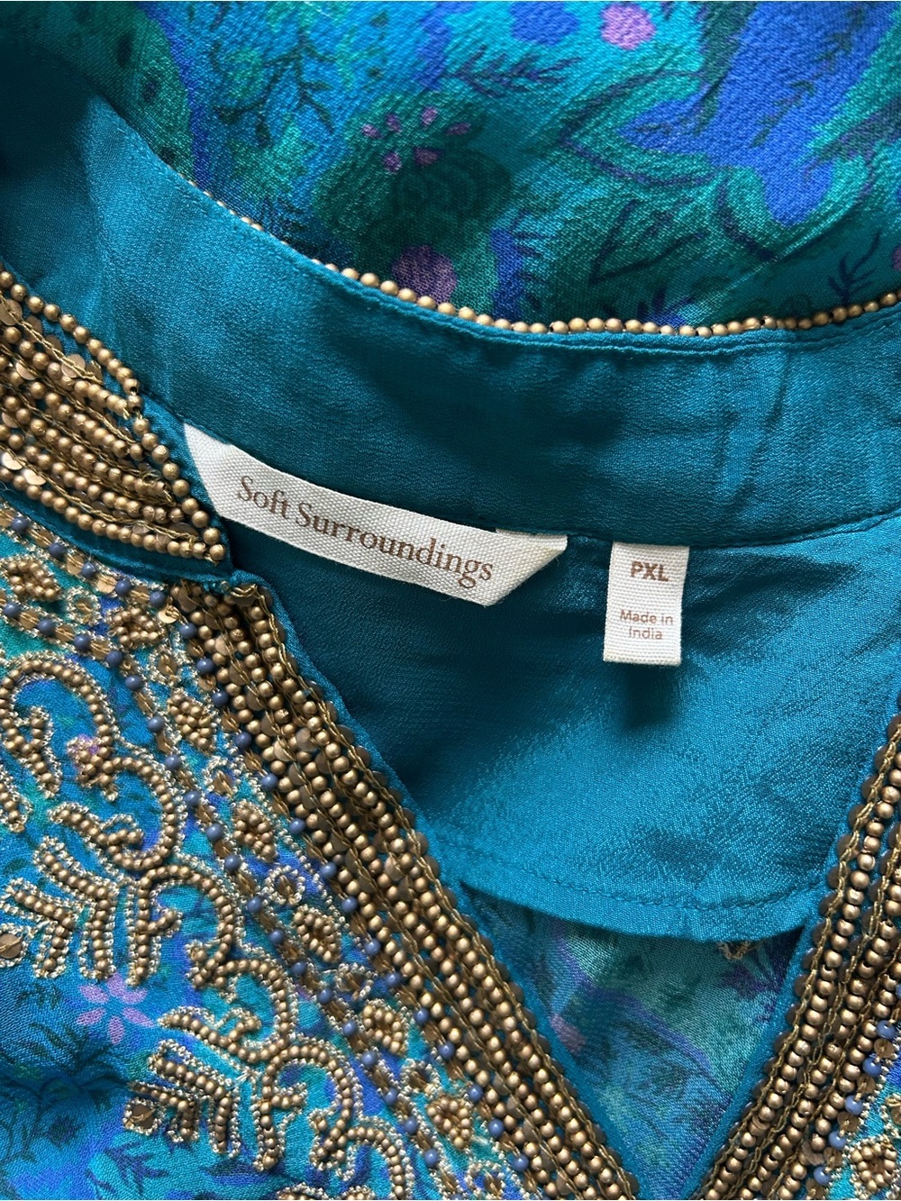 Soft Surroundings Boho Blue Green V-neck Embellished Bronte Tunic Blouse Top - Picture 10 of 11